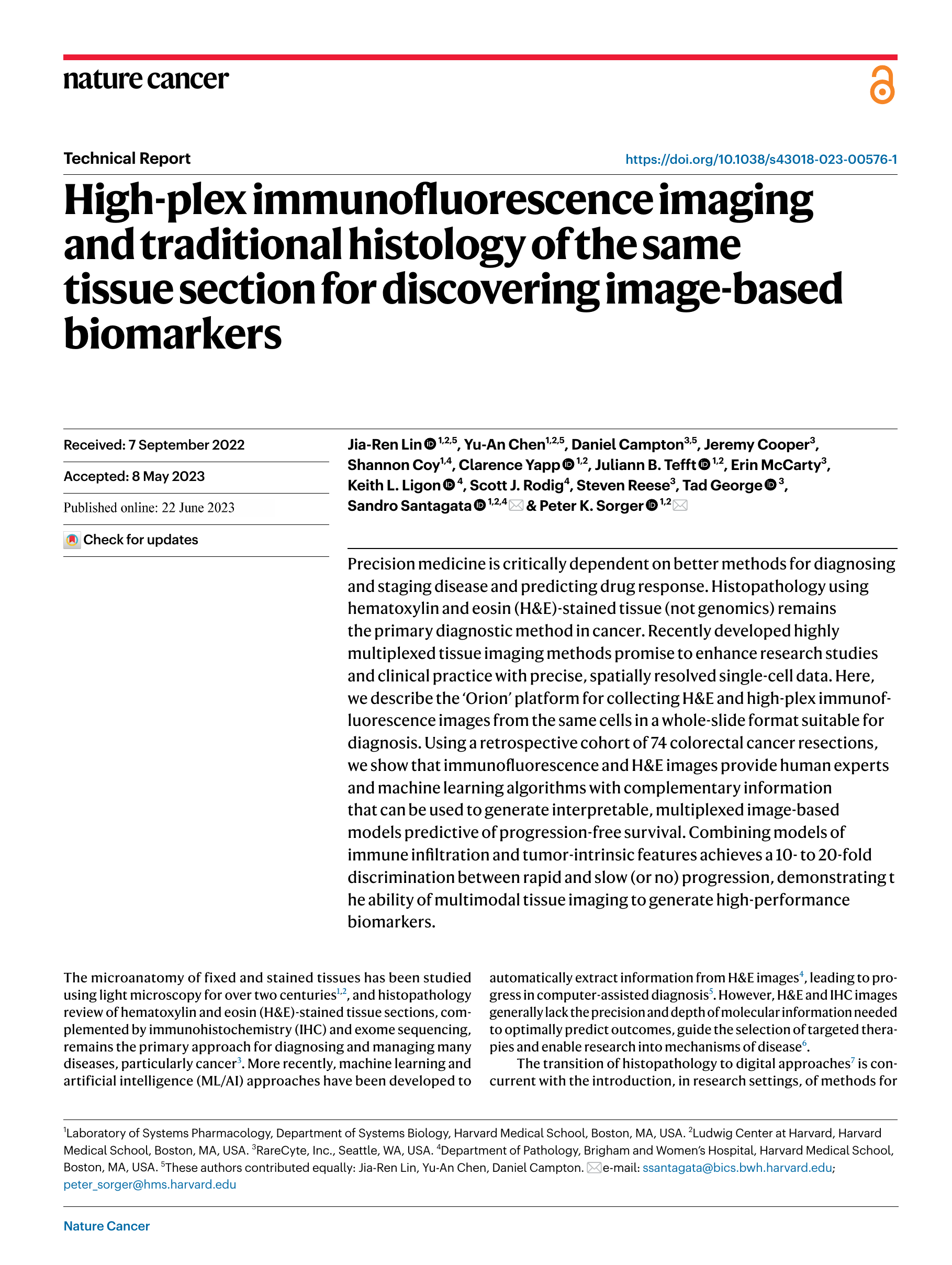 Nature Cancer 高通量免疫荧光研究论文首页