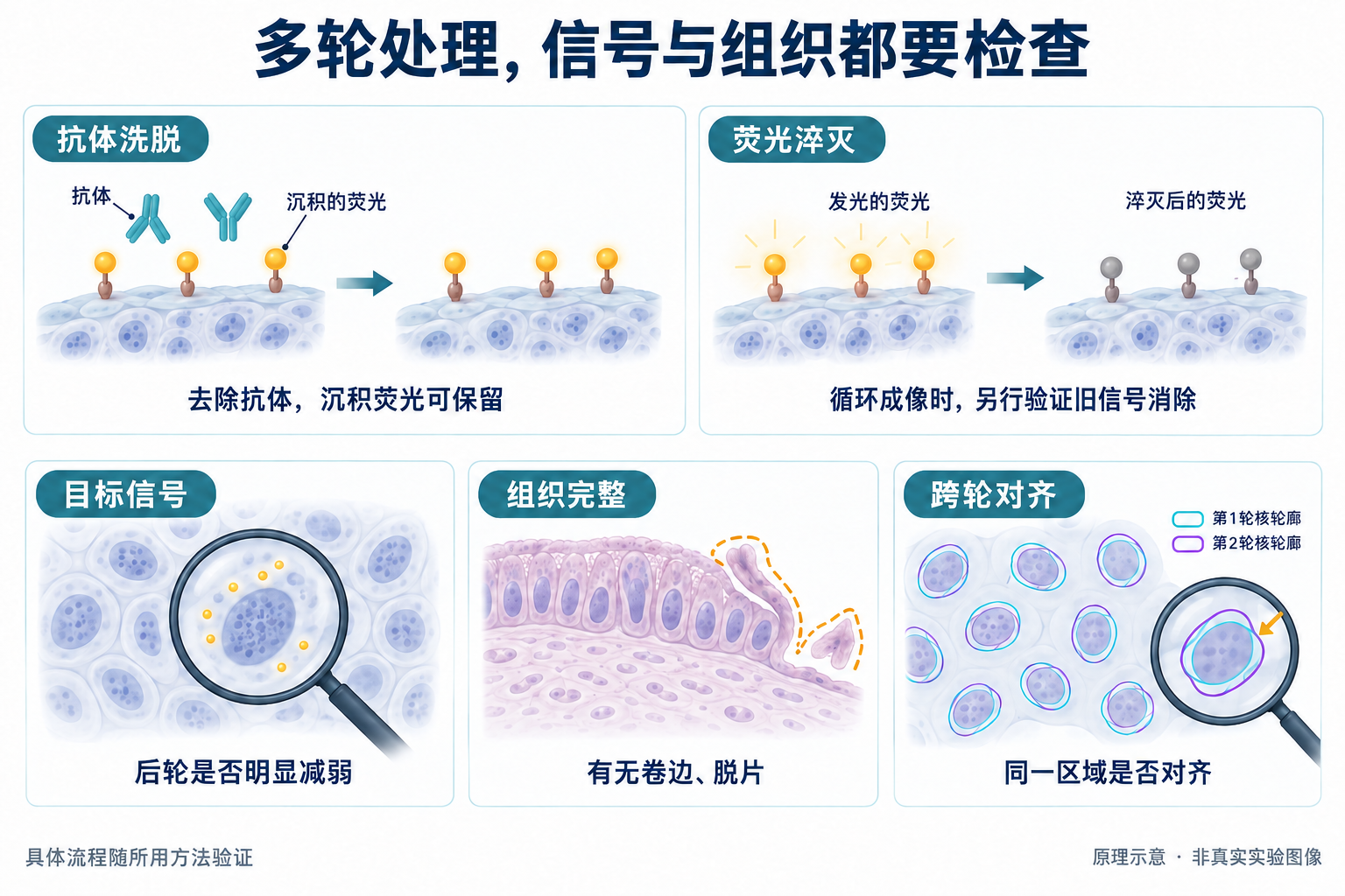 抗体处理、荧光处理和组织完整性的不同检查目标